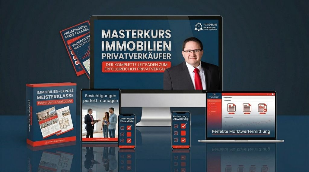 Masterkurs für Immobilien-Privatverkäufer auf Bildschirm, Tablet, Smartphone und Laptop mit Exposé-Vorlagen und Checklisten